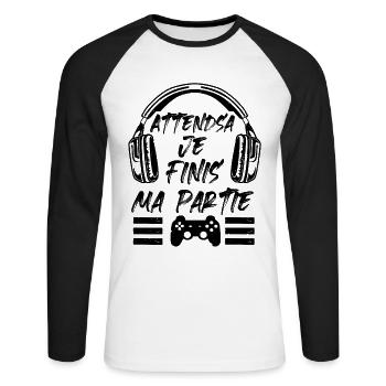 Attends Je Finis Ma Partie - T-shirt baseball manches longues Homme - blanc/noir - Devant - Nik (191cm)