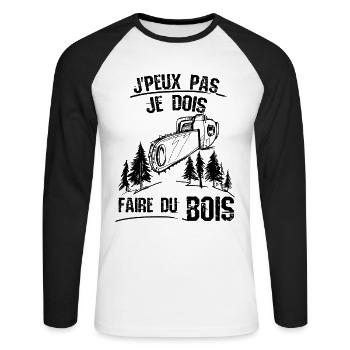 Je peux pas je dois faire du bois - T-shirt baseball manches longues Homme - blanc/noir - Devant - Nik (191cm)