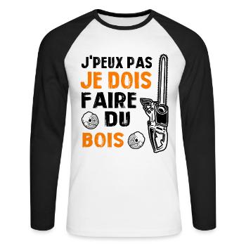 J'peux pas je dois faire du bois - T-shirt baseball manches longues Homme - blanc/noir - Devant - Nik (191cm)