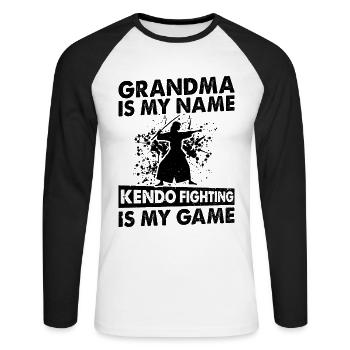 Kendo, mamie, c’est mon nom, le combat Kendo, c’est mon jeu - T-shirt baseball manches longues Homme - blanc/noir - Devant - Nik (191cm)