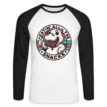Funny hippo eating chocolate and all snacks - Unisex Long Sleeve Baseball T-Shirt - white/black - Front - Nik (191cm)