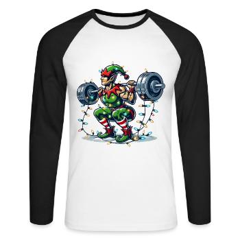Weihnachtlicher Muskelaufbau Elf Hanteltraining - Unisex Baseballshirt langarm - Weiß/Schwarz - Vorne - Nik (191cm)