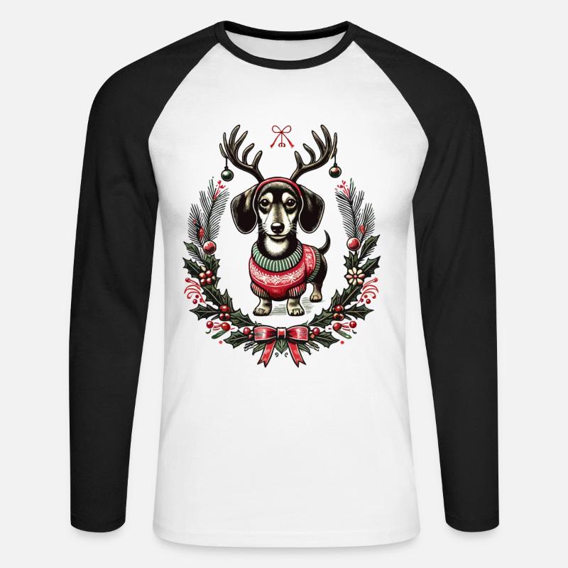 Fröhlicher Dackel Im Weihnachtspullover - Unisex Baseballshirt langarm - Weiß/Schwarz