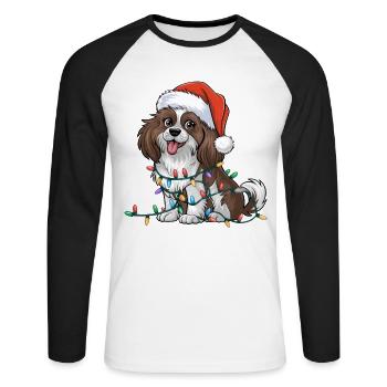 Épagneul tibétain Noël lumières Noël chiens cadeaux - T-shirt baseball manches longues Homme - blanc/noir - Devant - Nik (191cm)