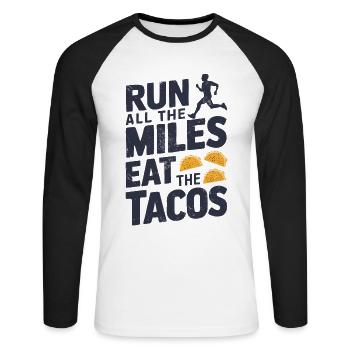 Courez tous les kilomètres Mangez tous les tacos Funny Runner - T-shirt baseball manches longues Homme - blanc/noir - Devant - Nik (191cm)