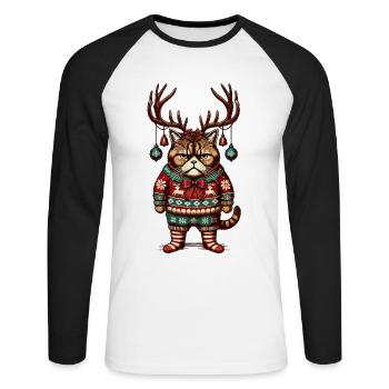 Mürrische Weihnachtskatze Mit Geweih - Unisex Baseballshirt langarm - Weiß/Schwarz - Vorne - Nik (191cm)