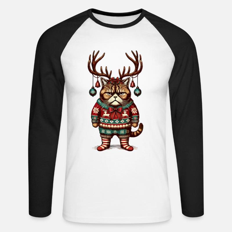 Mürrische Weihnachtskatze Mit Geweih - Unisex Baseballshirt langarm - Weiß/Schwarz