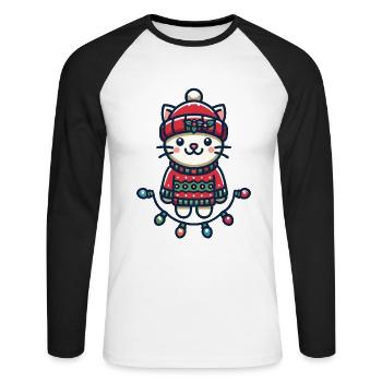 Cute Christmas cat with fairy lights - Unisex Long Sleeve Baseball T-Shirt - white/black - Front - Nik (191cm)