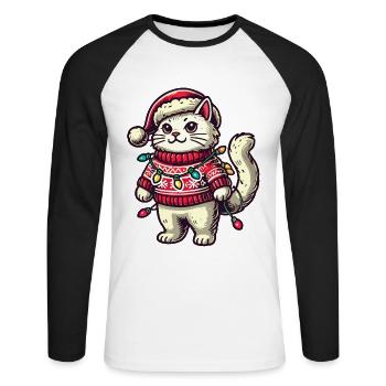 Christmas cat in sweater with fairy lights - Unisex Long Sleeve Baseball T-Shirt - white/black - Front - Nik (191cm)