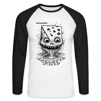 Comic Horror T-Shirt with Melting Cheese - Unisex Long Sleeve Baseball T-Shirt - white/black - Front - Nik (191cm)