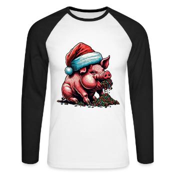 Weihnachtliches Schwein Mit Mütze - Unisex Baseballshirt langarm - Weiß/Schwarz - Vorne - Nik (191cm)