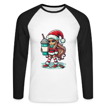 Nain de Noël au café - T-shirt baseball manches longues Homme - blanc/noir - Devant - Nik (191cm)