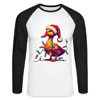 Canard drôle de Noël avec des guirlandes lumineuses - T-shirt baseball manches longues Homme - blanc/noir - Devant - Nik (191cm)