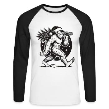 Bigfoot de Noël avec arbre de Noël - T-shirt baseball manches longues Homme - blanc/noir - Devant - Nik (191cm)
