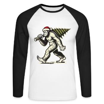 Bigfoot de Noël avec arbre de Noël - T-shirt baseball manches longues Homme - blanc/noir - Devant - Nik (191cm)