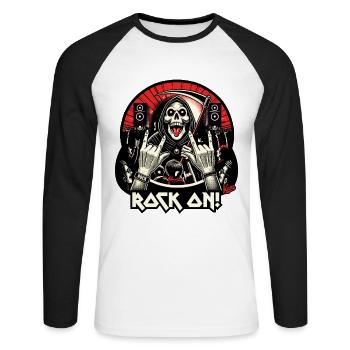 Sensenmann Rock-Musik-Konzert: Rock On! - Unisex Baseballshirt langarm - Weiß/Schwarz - Vorne - Nik (191cm)