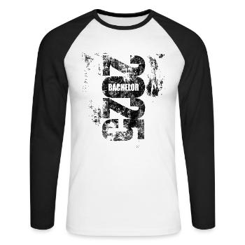 Bachelor bestanden 2025 - Prüfung - Erfolg - Unisex Baseballshirt langarm - Weiß/Schwarz - Vorne - Nik (191cm)