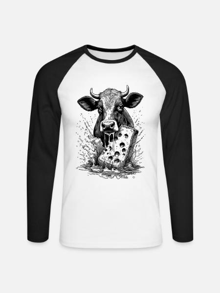 Festskjorte: Ko møder smeltende racletteost - Langærmet herre-baseballshirt - hvid/sort