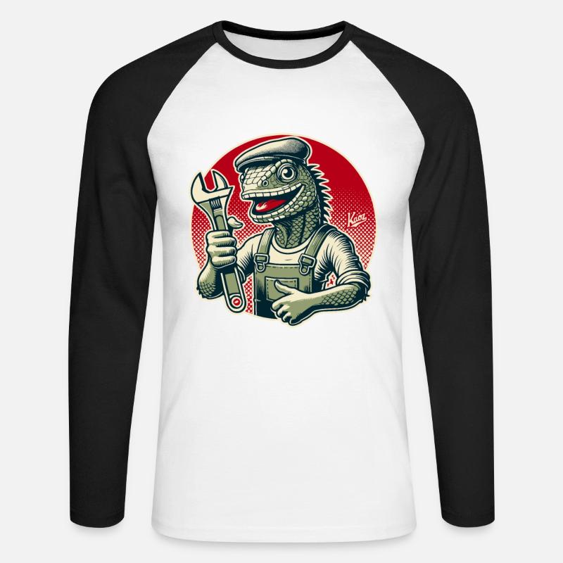 Handwerker-Eidechse mit Schraubenschlüssel - Unisex Baseballshirt langarm - Weiß/Schwarz