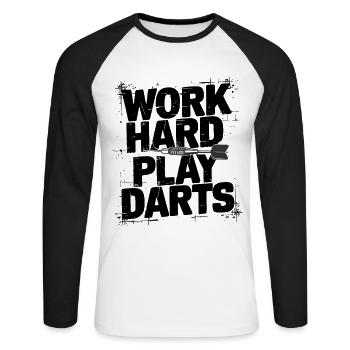 Travailler dur Jeu Fléchettes Joueur de fléchettes Sport - T-shirt baseball manches longues Homme - blanc/noir - Devant - Nik (191cm)