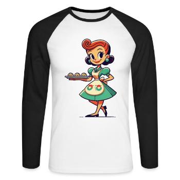 Femme au foyer rétro avec plateau à biscuits - T-shirt baseball manches longues Homme - blanc/noir - Devant - Nik (191cm)