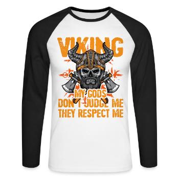 Wikinger, meine Götter, verurteilen mich nicht, sie respektieren mich - Unisex Baseballshirt langarm - Weiß/Schwarz - Vorne - Nik (191cm)