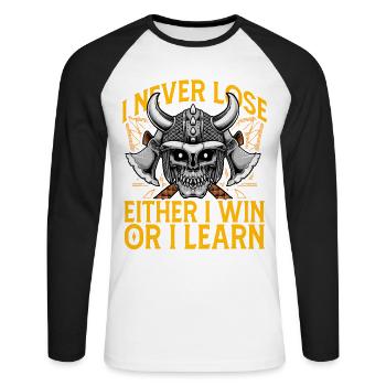 Ich verliere nie, entweder ich gewinne oder ich lerne - Unisex Baseballshirt langarm - Weiß/Schwarz - Vorne - Nik (191cm)