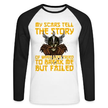 Mes cicatrices racontent l’histoire de la vie - T-shirt baseball manches longues Homme - blanc/noir - Devant - Nik (191cm)