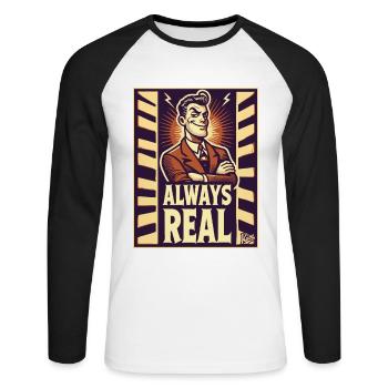 Cooler Retro-Typ – Immer echt - Unisex Baseballshirt langarm - Weiß/Schwarz - Vorne - Nik (191cm)