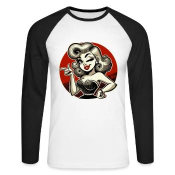 Blonde rétro avec clin d’œil et bouton-pression - T-shirt baseball manches longues Homme - blanc/noir - Devant - Nik (191cm)