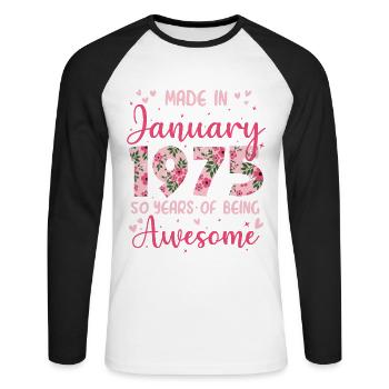 Janvier 1975 Anniversaire 50 Ans Pour Femmes - T-shirt baseball manches longues Homme - blanc/noir - Devant - Nik (191cm)