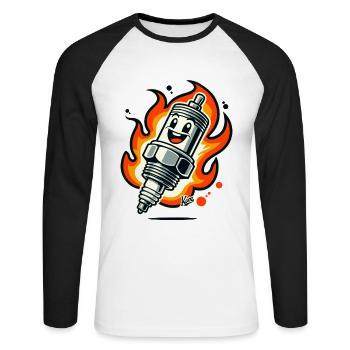 Fröhliche Zündkerze in Flammen - Unisex Baseballshirt langarm - Weiß/Schwarz - Vorne - Nik (191cm)