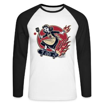Cult housewife skateboarding on skateboard - Unisex Long Sleeve Baseball T-Shirt - white/black - Front - Nik (191cm)