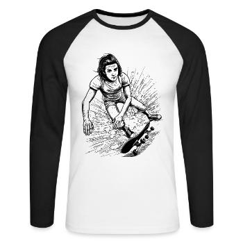 Humorvolles Skateboard-Sturz-T-Shirt Design - Unisex Baseballshirt langarm - Weiß/Schwarz - Vorne - Nik (191cm)