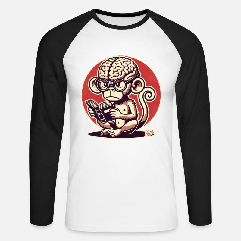 Nerd-Affe mit großem Geirn liest ein Buch - Unisex Baseballshirt langarm - Weiß/Schwarz