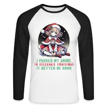 Kawaii Anime Christmas Break Celebrations - Unisex Long Sleeve Baseball T-Shirt - white/black - Front - Nik (191cm)