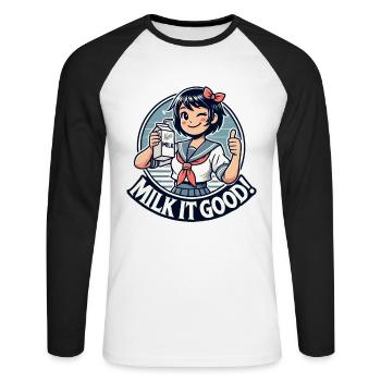 Pouce levé, écolière japonaise avec du lait - T-shirt baseball manches longues Homme - blanc/noir - Devant - Nik (191cm)