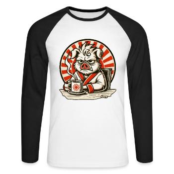 Bad mood morning grouch pig with coffee - Unisex Long Sleeve Baseball T-Shirt - white/black - Front - Nik (191cm)