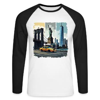New York City Skyline Design – Urban Style Mode - Unisex Baseballshirt langarm - Weiß/Schwarz - Vorne - Nik (191cm)