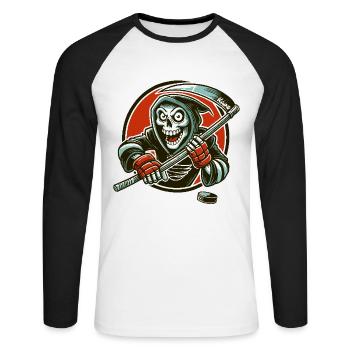 Grim Reaper playing hockey with puck - Unisex Long Sleeve Baseball T-Shirt - white/black - Front - Nik (191cm)