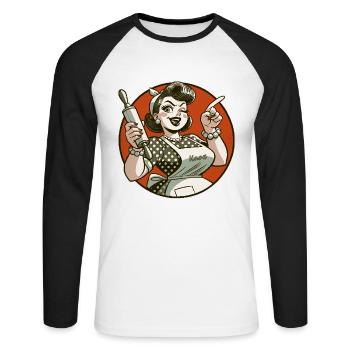 Housewife with rolling pin pointing with finger - Unisex Long Sleeve Baseball T-Shirt - white/black - Front - Nik (191cm)