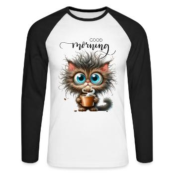 Chat Café Caféine Collègue Bureau Petit-déjeuner Miaou - T-shirt baseball manches longues Homme - blanc/noir - Devant - Nik (191cm)