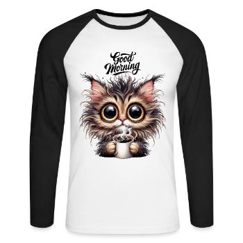 Cat Coffee Good Morning Office Morning Grouch Funny - Unisex Long Sleeve Baseball T-Shirt - white/black - Front - Nik (191cm)