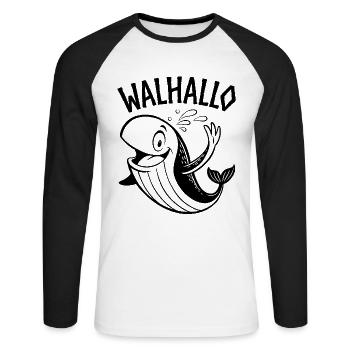Walhallo - Ein freundlicher Wal sagt Hallo - Unisex Baseballshirt langarm - Weiß/Schwarz - Vorne - Nik (191cm)