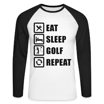 Eat Sleep Golf Repeat Golfspieler - Unisex Baseballshirt langarm - Weiß/Schwarz - Vorne - Nik (191cm)