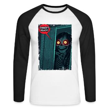 Une maman squelette d’horreur appelle : Le dîner est prêt ! - T-shirt baseball manches longues Homme - blanc/noir - Devant - Nik (191cm)