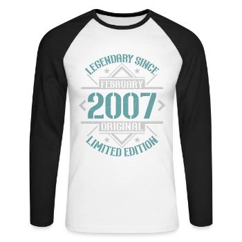 Vintage February 2007 Retro Birthday Gift - Unisex Long Sleeve Baseball T-Shirt - white/black - Front - Nik (191cm)