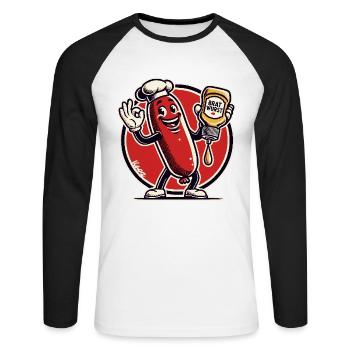 Délicieux chef heureux : bratwurst en sauce - T-shirt baseball manches longues Homme - blanc/noir - Devant - Nik (191cm)