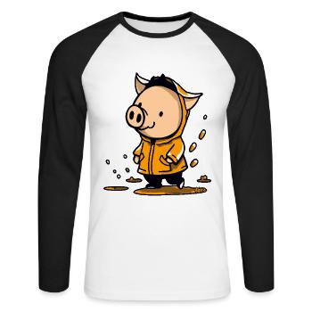 Cochon joyeux sous la pluie en imperméable jaune - T-shirt baseball manches longues Homme - blanc/noir - Devant - Nik (191cm)