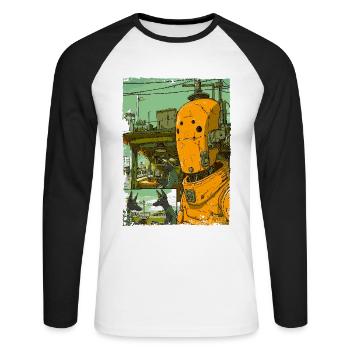 Cartoon of a sci-fi dystopia with robot - Unisex Long Sleeve Baseball T-Shirt - white/black - Front - Nik (191cm)